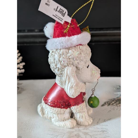 Pier 1 Christmas Poodle Dog Ornament Santa Hat Glitter Red Coat Holiday Decor - Picture 2 of 10